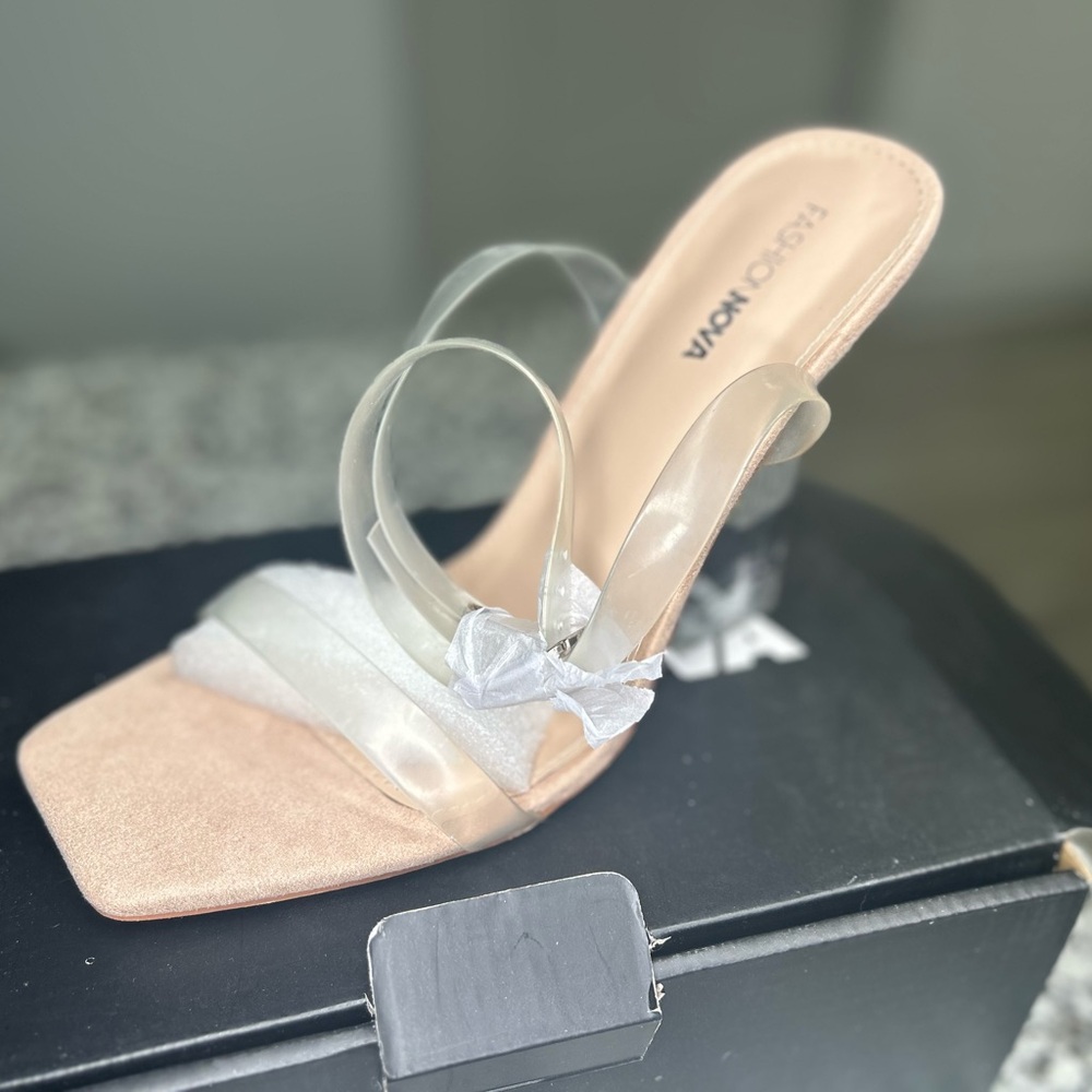 Vince Camuto Tan Heeled Mules with Transparent Strap